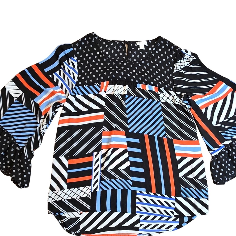 SPENSE Patchwork Geometric Print Bell Sleeve Blouse Top Black Orange Blue L/G‎